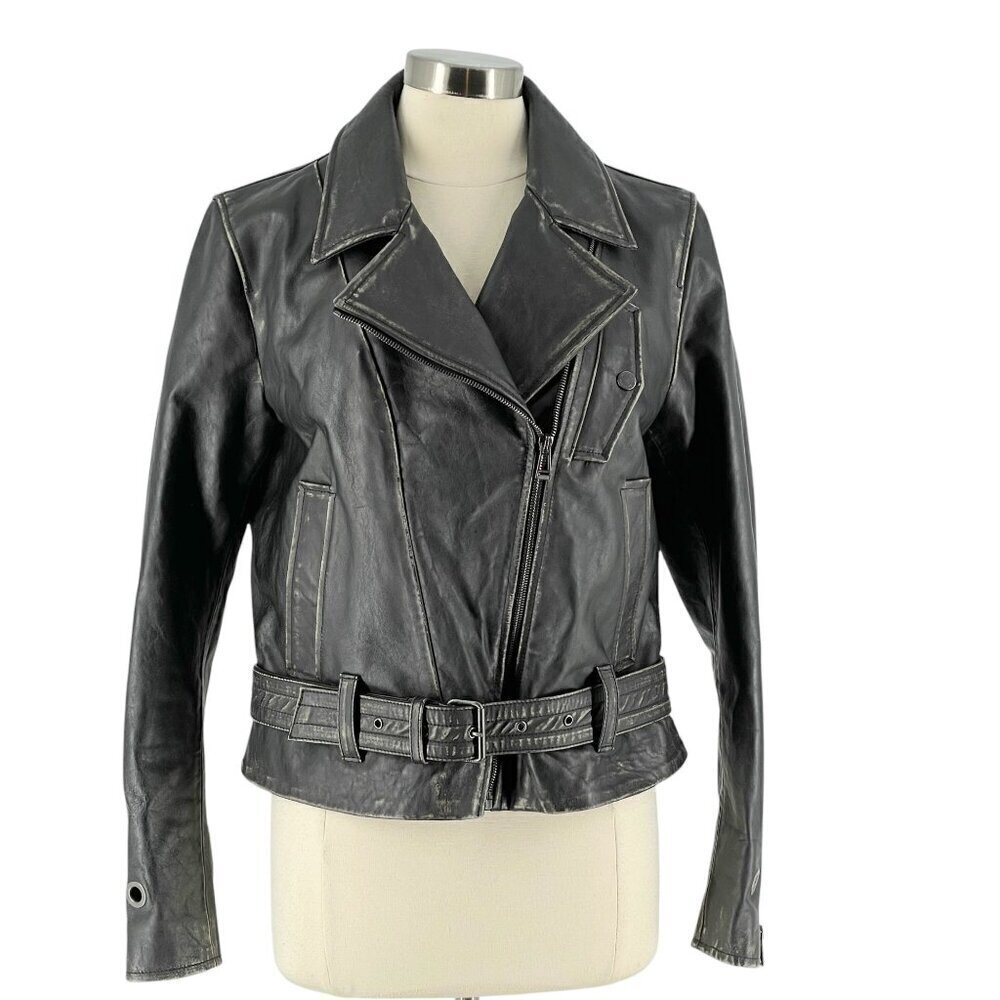 SALE Belstaff Distressed Black Leather Biker Moto Belted Zip Jacket US12/IT48